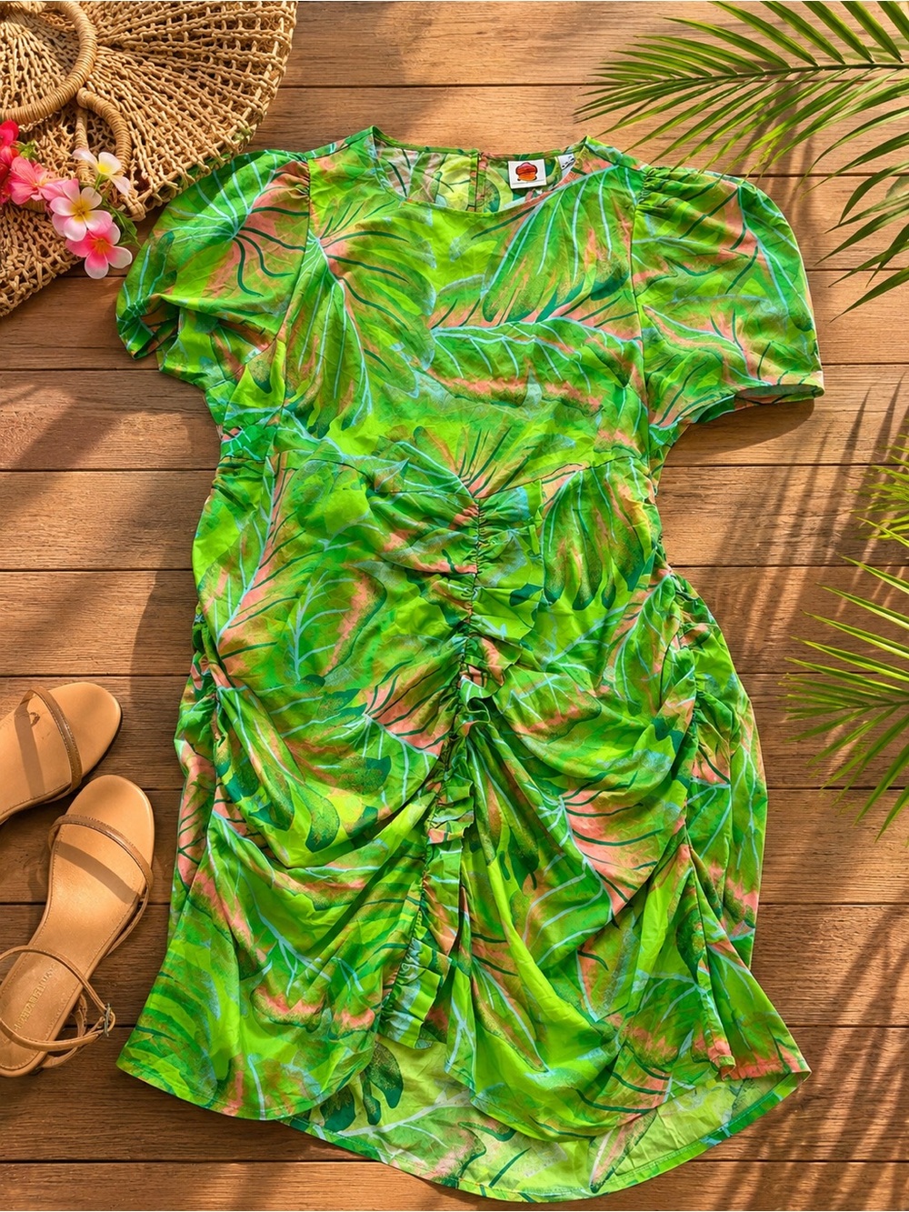 FARM Rio x Anthropologie Tropical Ruched Mini Dress Green 3X NWT